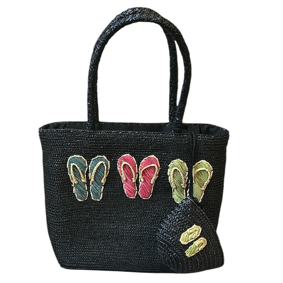 Straw Woven Black Beach Summer Large Tote with Flip Flops design + small bag - Picture 1 of 16